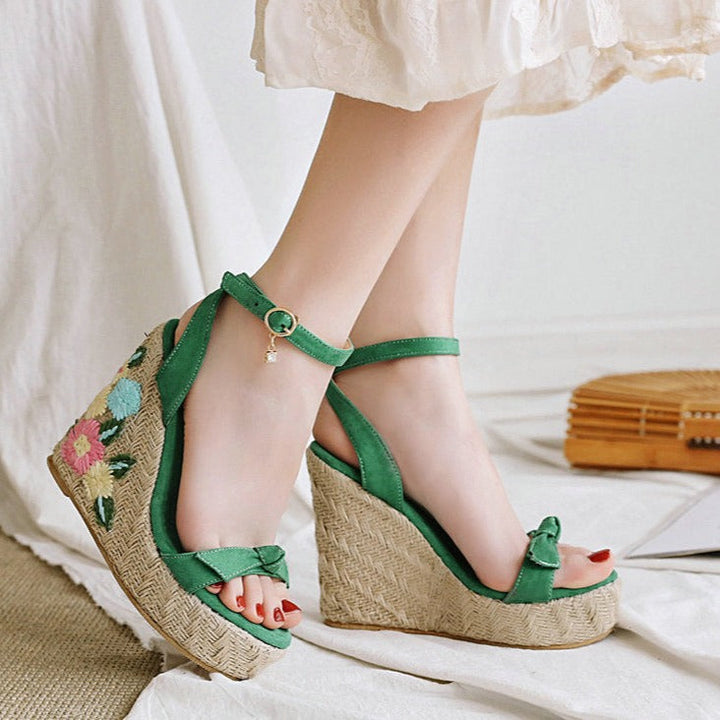 Size 13 cute flower carved espadrille platform wedge sandals with ankle strap