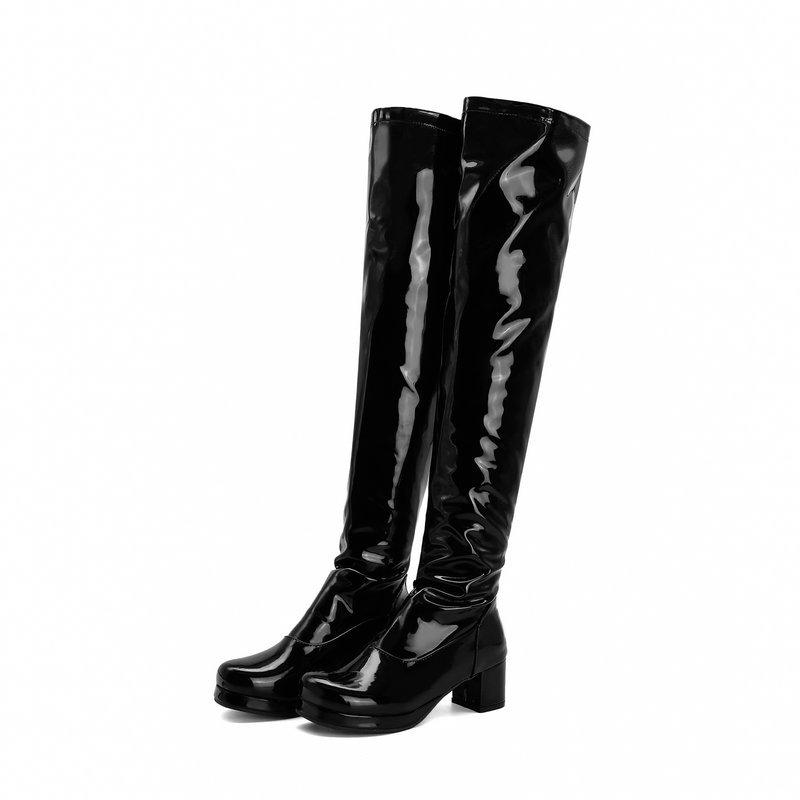 Size 13 PU patent leather block heels over the knee boots