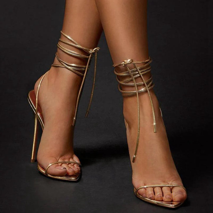 Size 12 sexy gold ankle lace-up heels for party