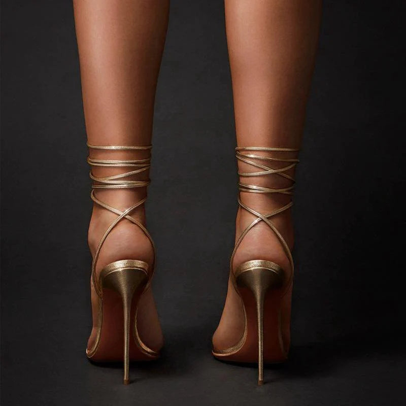 Size 12 sexy gold ankle lace-up heels for party