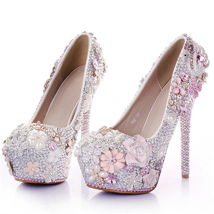 Luxury rhinestone pearls crystal flowers decor light pink stiletto pumps for wedding party banquet