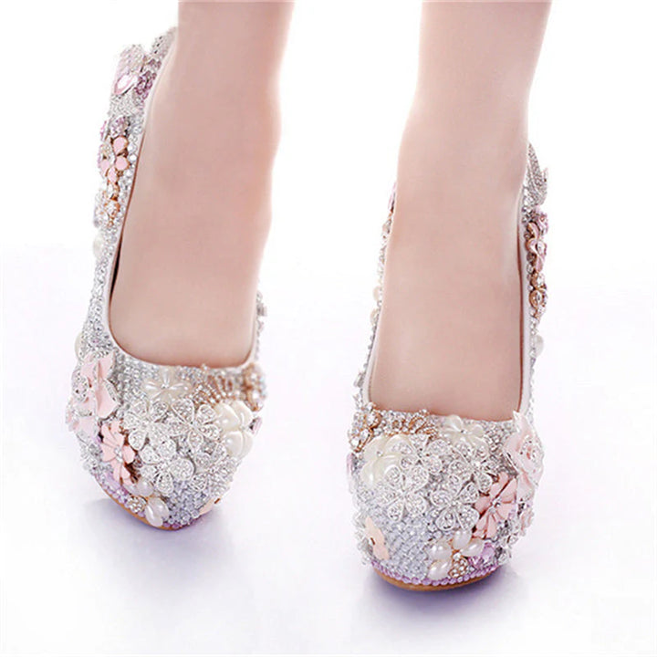 Luxury rhinestone pearls crystal flowers decor light pink stiletto pumps for wedding party banquet