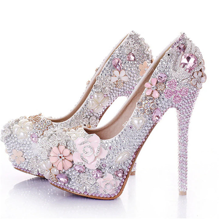 Luxury rhinestone pearls crystal flowers decor light pink stiletto pumps for wedding party banquet