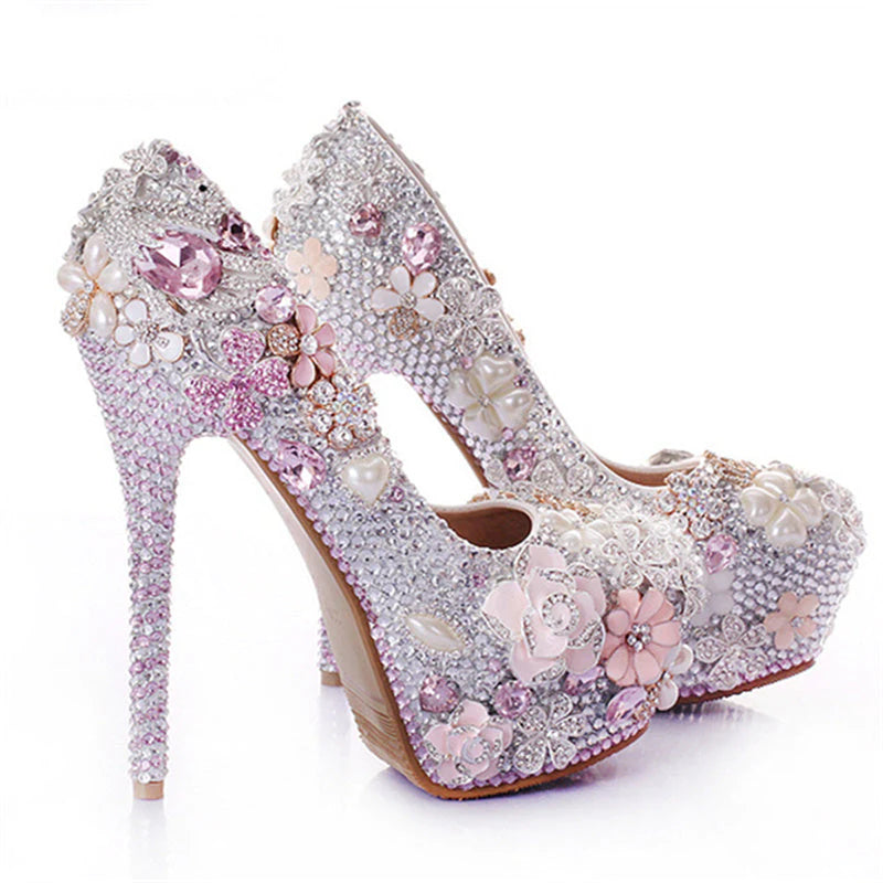 Luxury rhinestone pearls crystal flowers decor light pink stiletto pumps for wedding party banquet