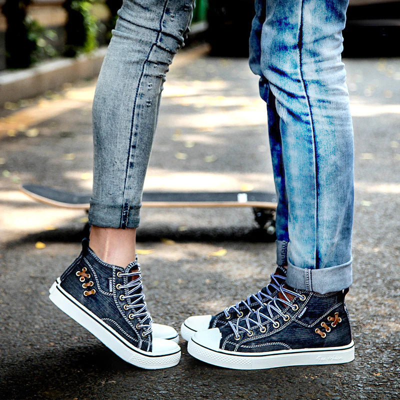 Couples Denim Flat Canvas Sneakers Daily Denim Shoes Lace Up - fashionshoeshouse