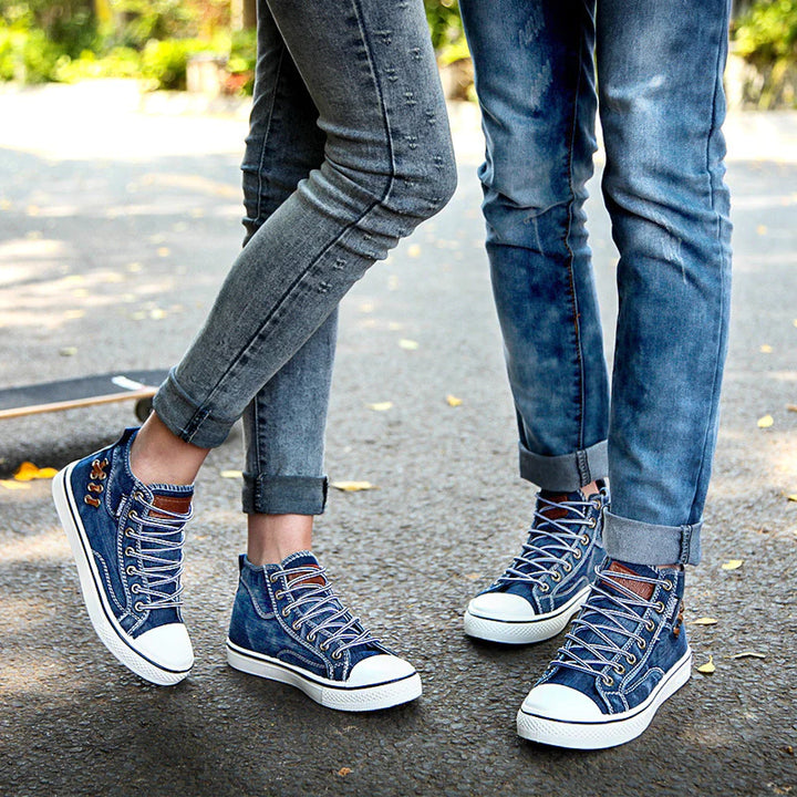 Couples Denim Flat Canvas Sneakers Daily Denim Shoes Lace Up - fashionshoeshouse