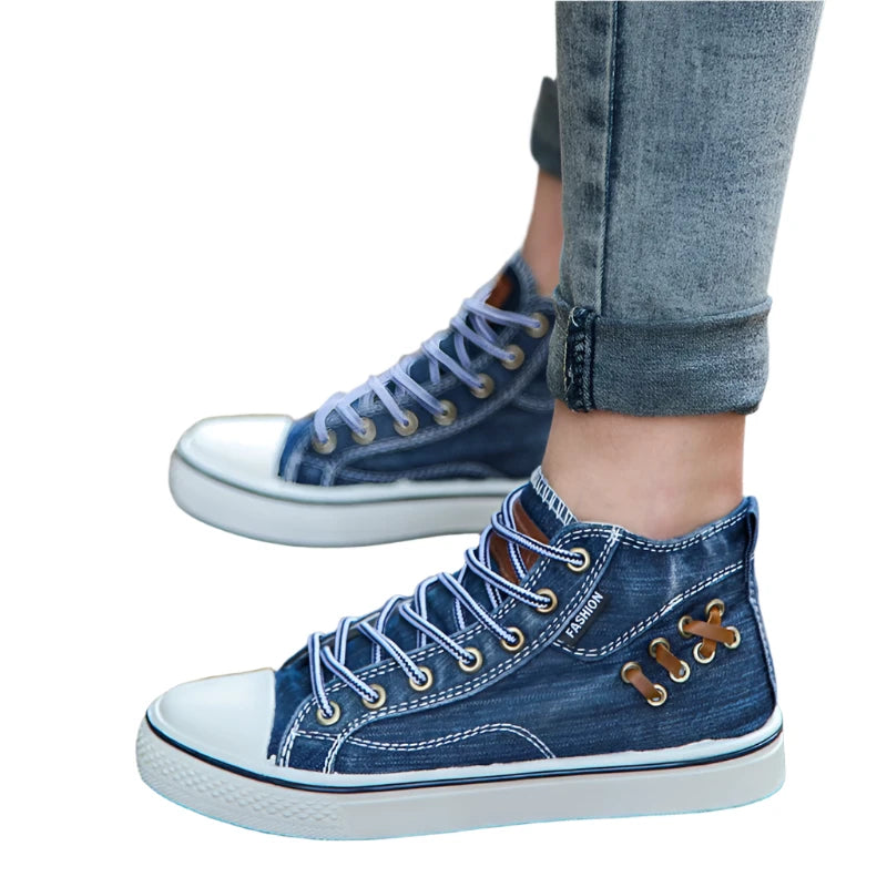 Couples Denim Flat Canvas Sneakers Daily Denim Shoes Lace Up - fashionshoeshouse