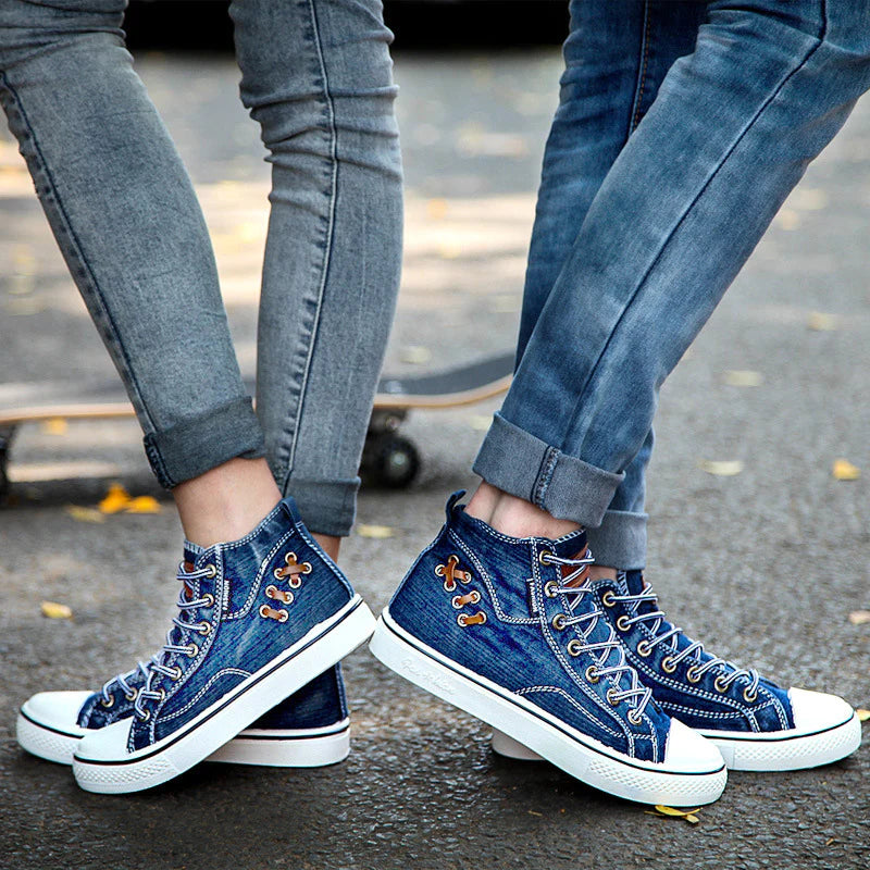 Couples Denim Flat Canvas Sneakers Daily Denim Shoes Lace Up - fashionshoeshouse