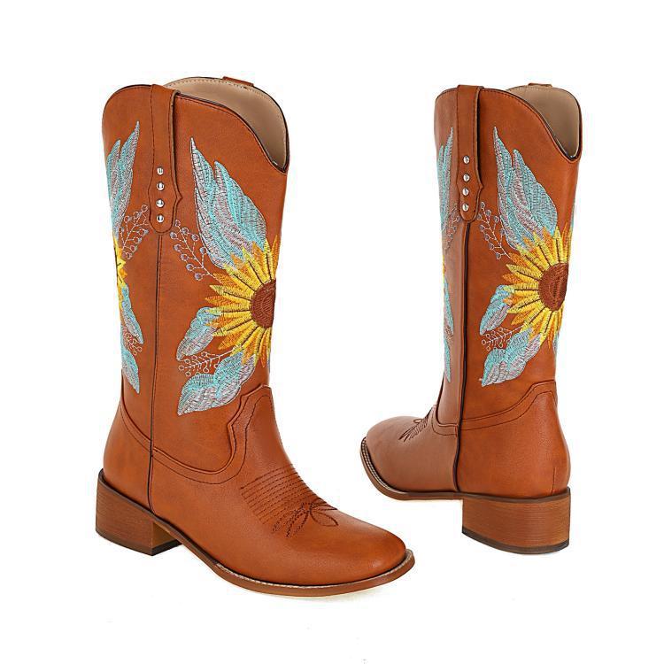 Size 14 brown ethnic flower embroidery mid calf cowboy boots