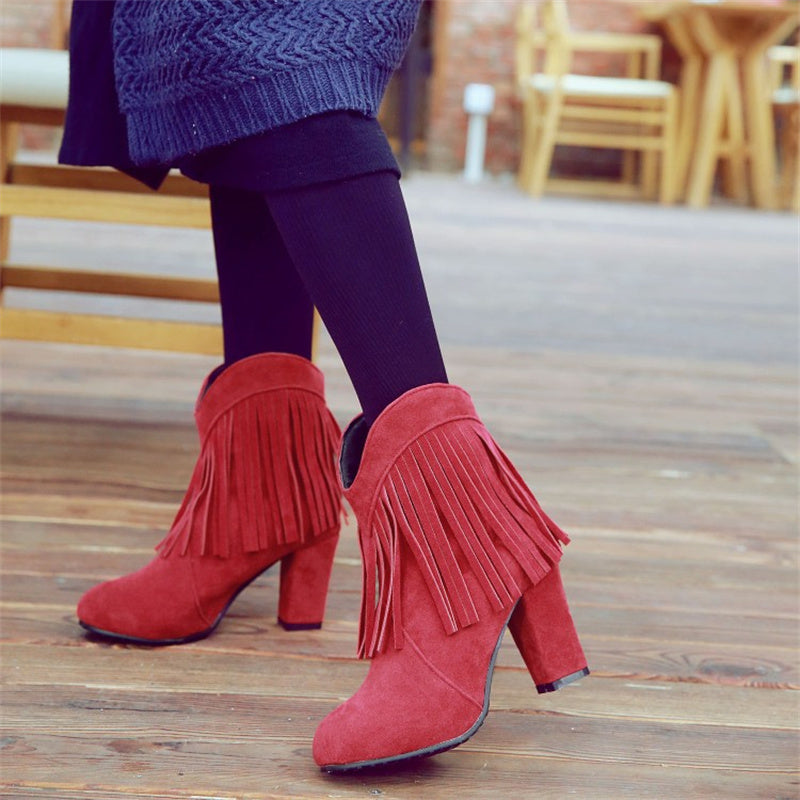 Size 13 faux suede tassels chunky high heels booties