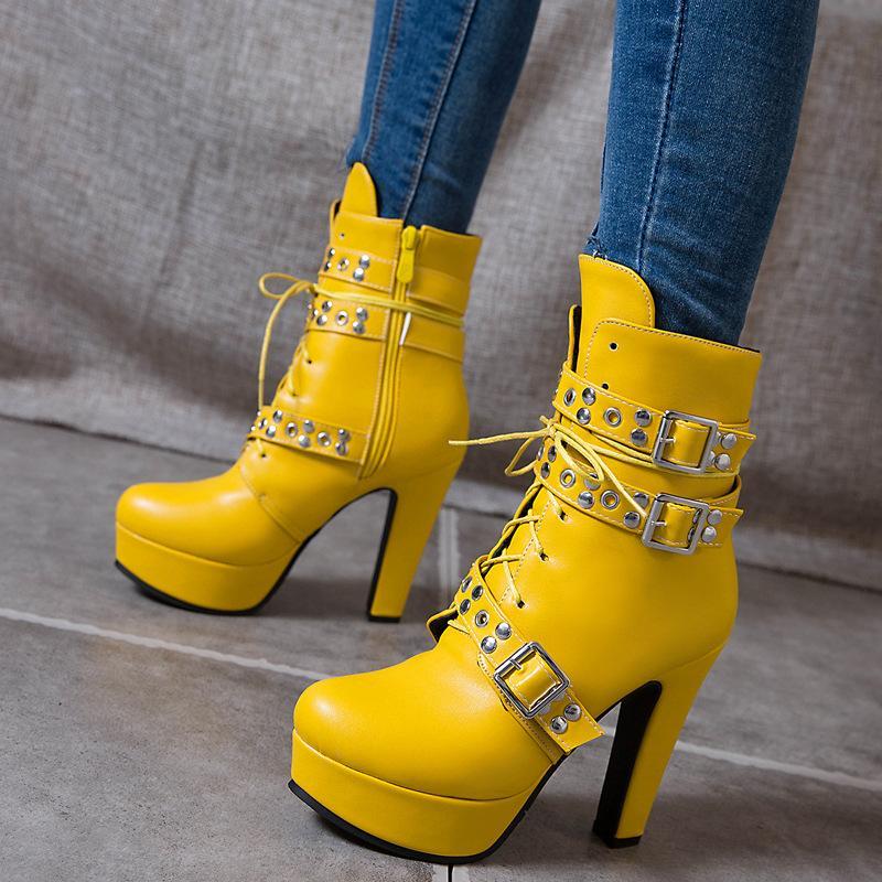 Size 14 chunky platform high heels booties with multi buckles