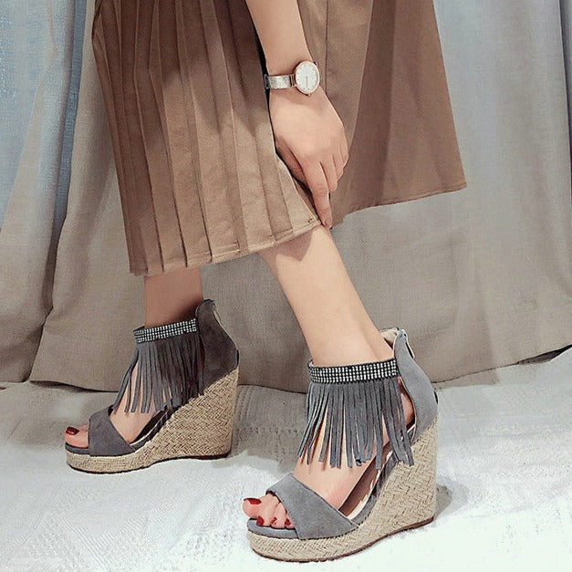 Size 12 espadrille platform wedge sandals with ankle tassels 4 inch heels