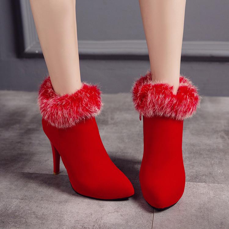 Size 11.5 fuzzy trim furry warm stiletto heels ankle boots