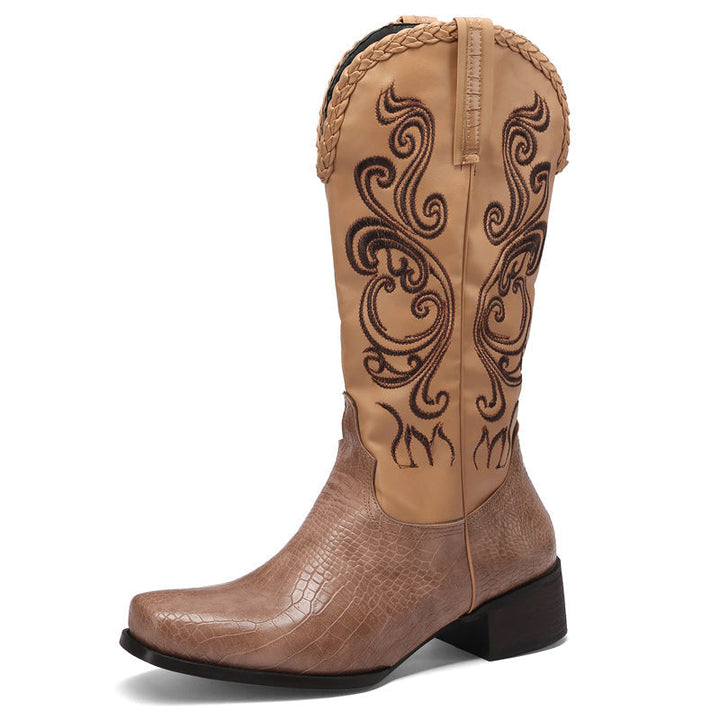 Size 14 retro embroidery block heels under the knee cowboy boot