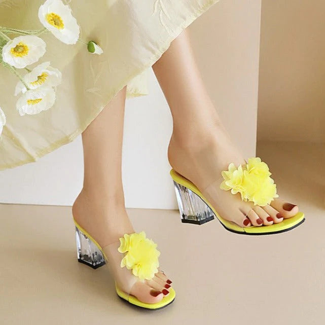 Size 13 women floral clear sandals slip on block heels