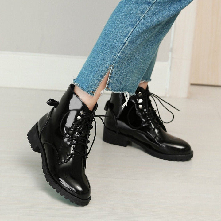 Size 12 PU patent leather low heels combat booties