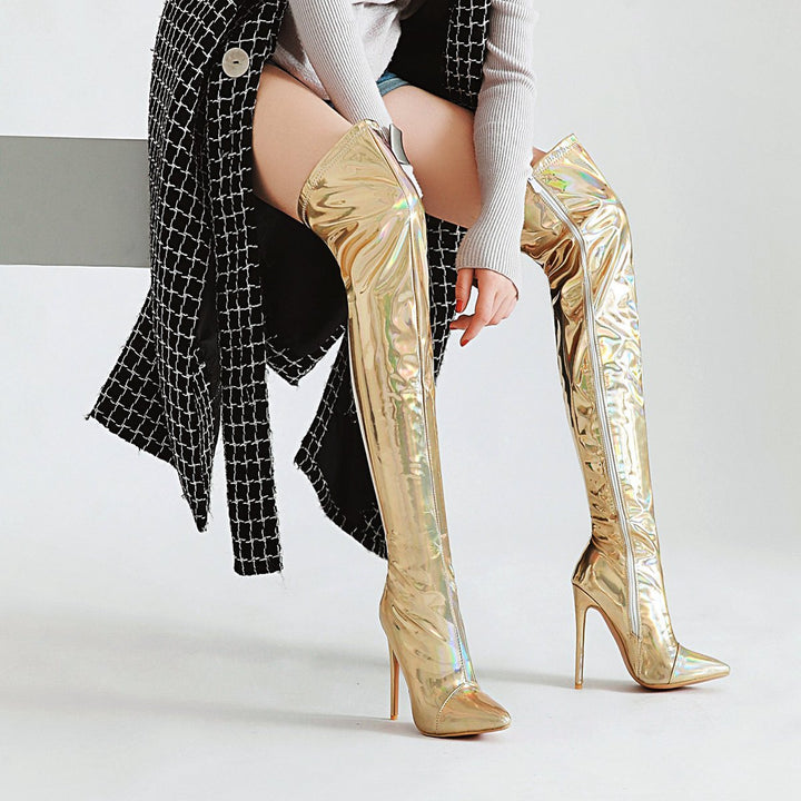 Size 13 metallic silver gold stiletto thigh high boots for party dancing