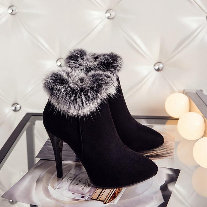 Size 11.5 fuzzy trim furry warm stiletto heels ankle boots