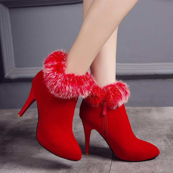 Size 11.5 fuzzy trim furry warm stiletto heels ankle boots