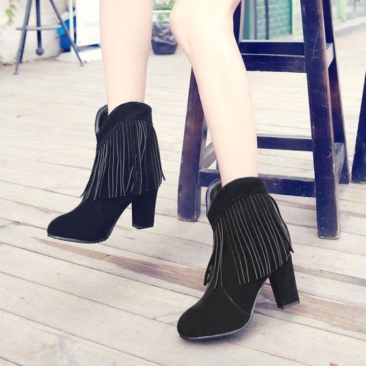 Size 13 faux suede tassels chunky high heels booties