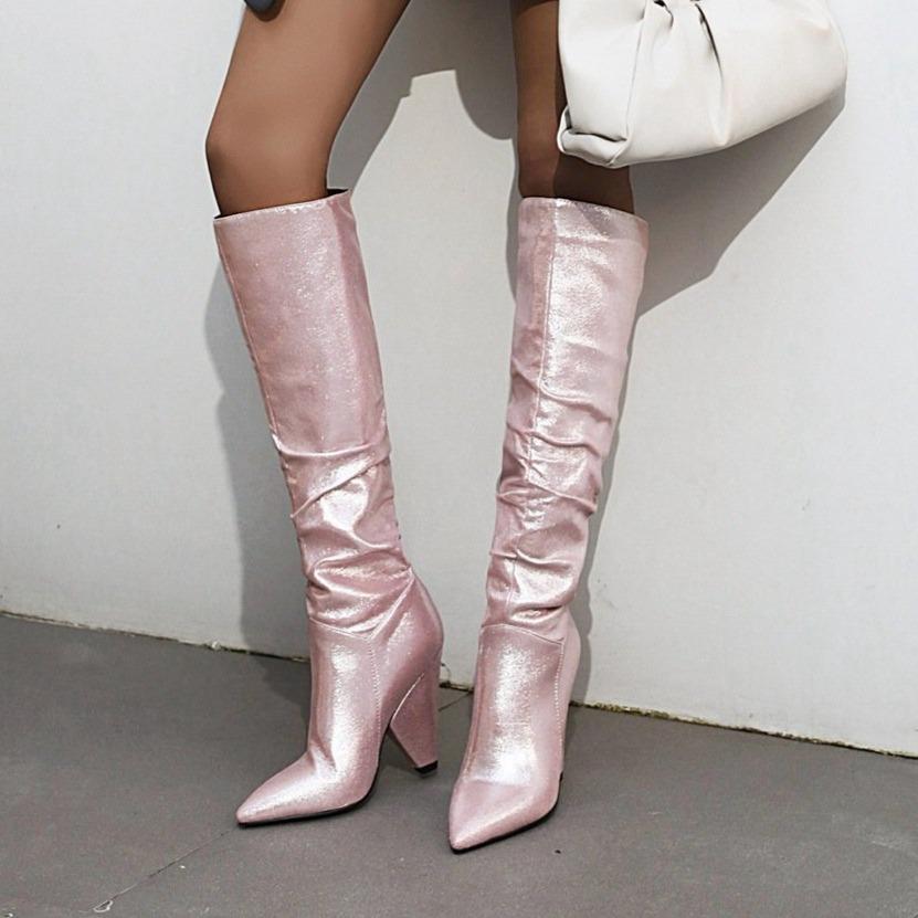 Women fashion pointed toe chunky heel slouch knee high boots