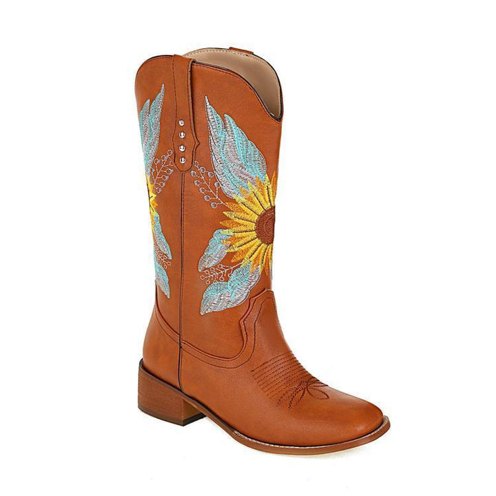 Size 14 brown ethnic flower embroidery mid calf cowboy boots