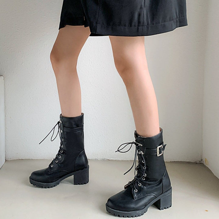 Size 11.5 block heels mid calf combat boots  lace-up biker boots