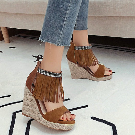 Size 12 espadrille platform wedge sandals with ankle tassels 4 inch heels