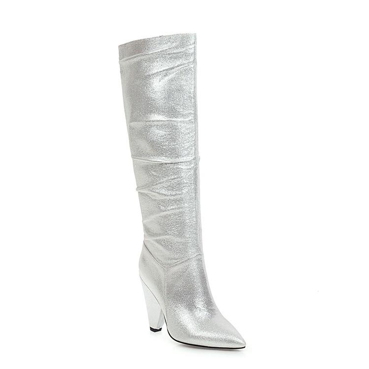 Women fashion pointed toe chunky heel slouch knee high boots