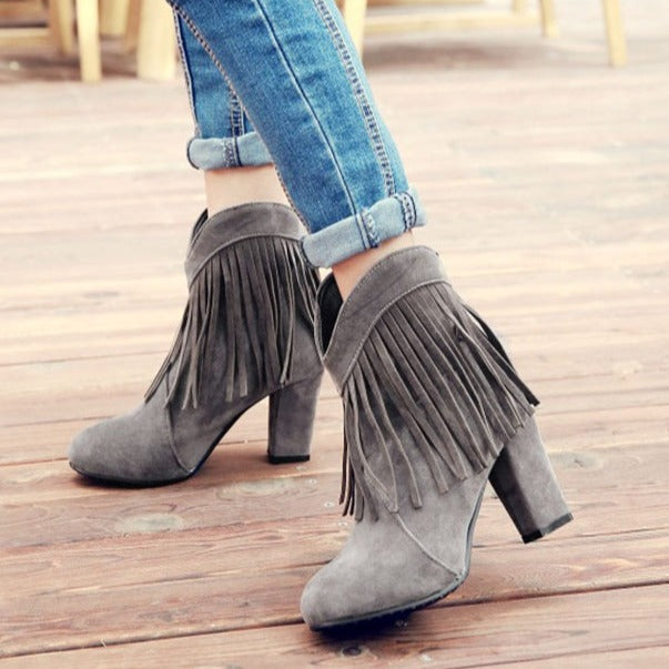 Size 13 faux suede tassels chunky high heels booties