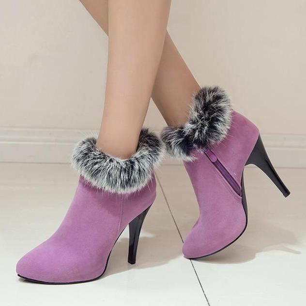 Size 11.5 fuzzy trim furry warm stiletto heels ankle boots