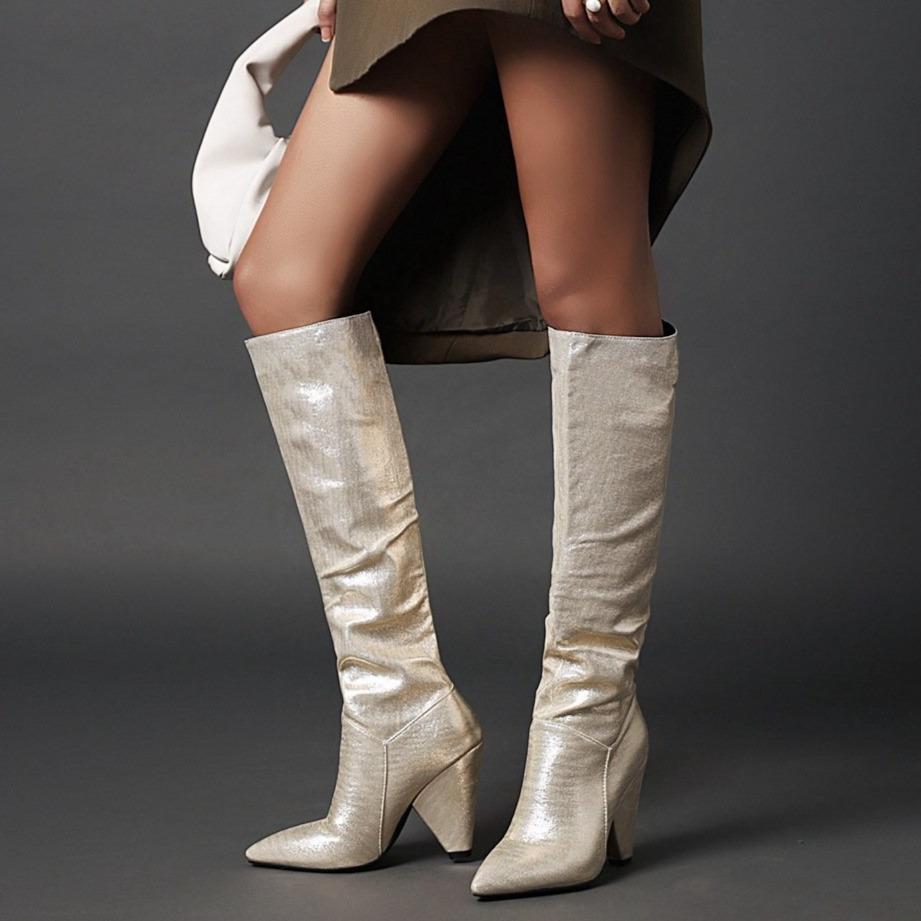 Women fashion pointed toe chunky heel slouch knee high boots