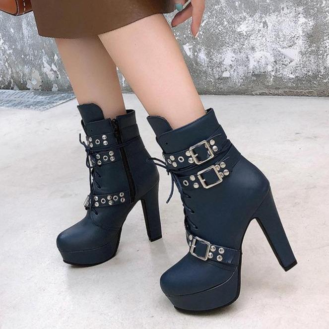 Size 14 chunky platform high heels booties with multi buckles