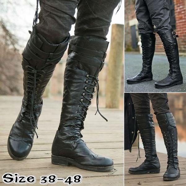 Size 13 black low heels lace up knee high biker boots