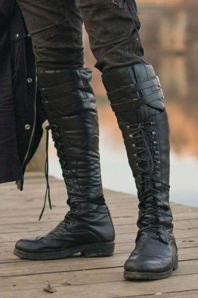 Size 13 black low heels lace up knee high biker boots