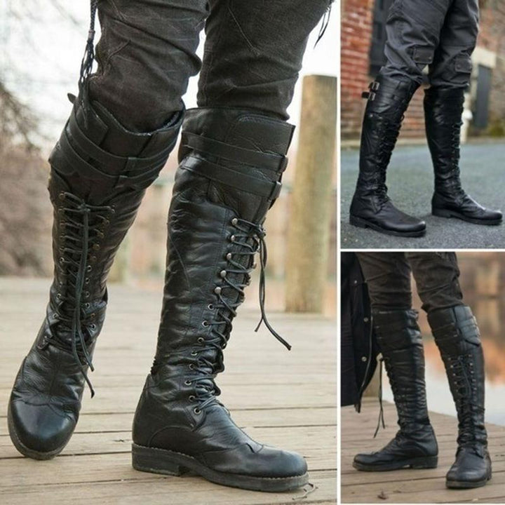 Size 13 black low heels lace up knee high biker boots