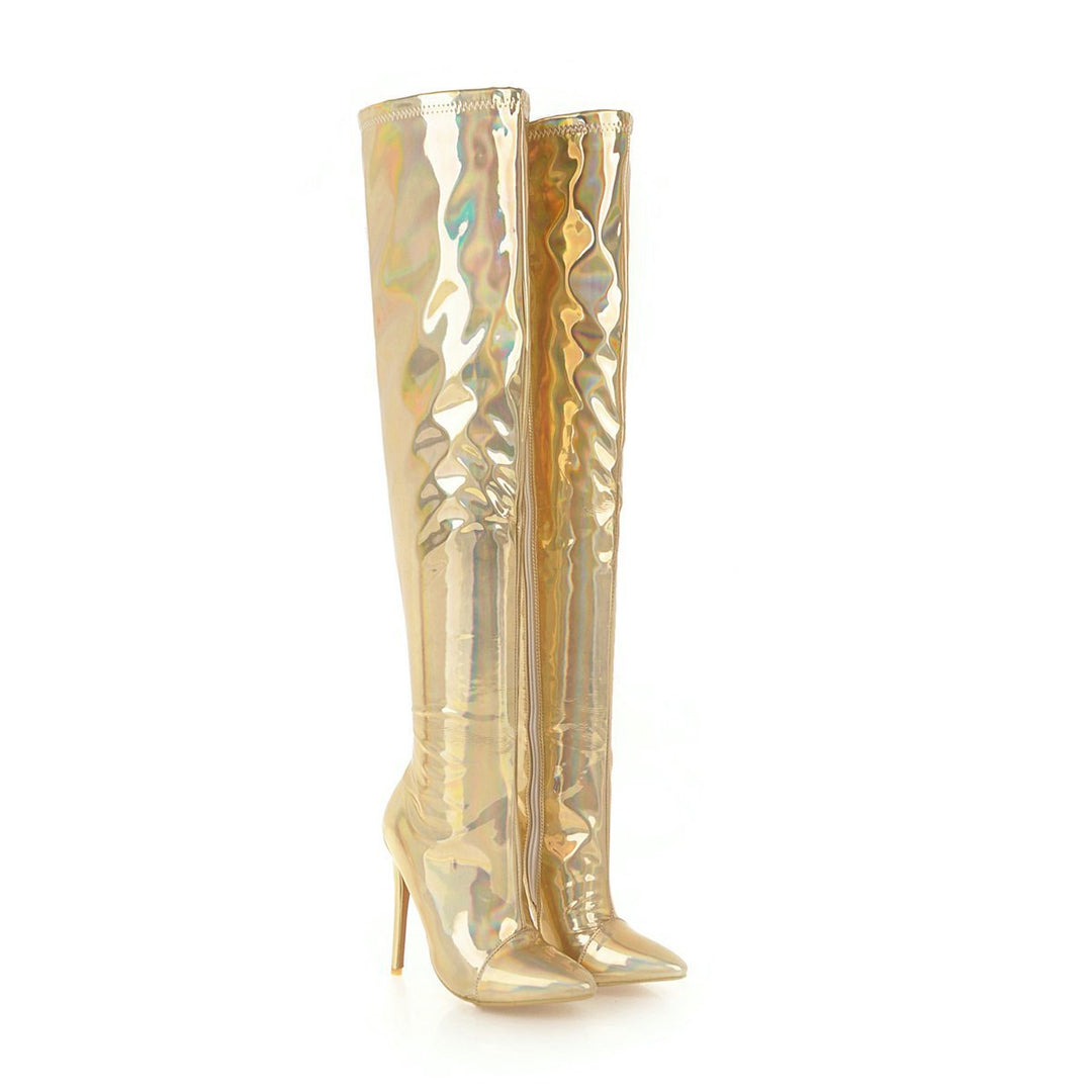 Size 13 metallic silver gold stiletto thigh high boots for party dancing