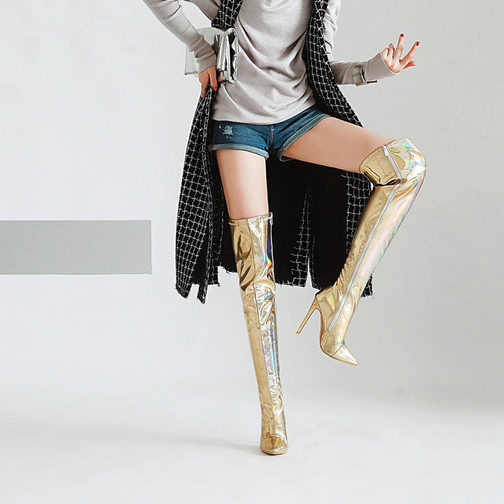 Size 13 metallic silver gold stiletto thigh high boots for party dancing