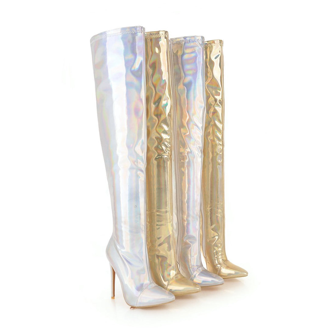 Size 13 metallic silver gold stiletto thigh high boots for party dancing