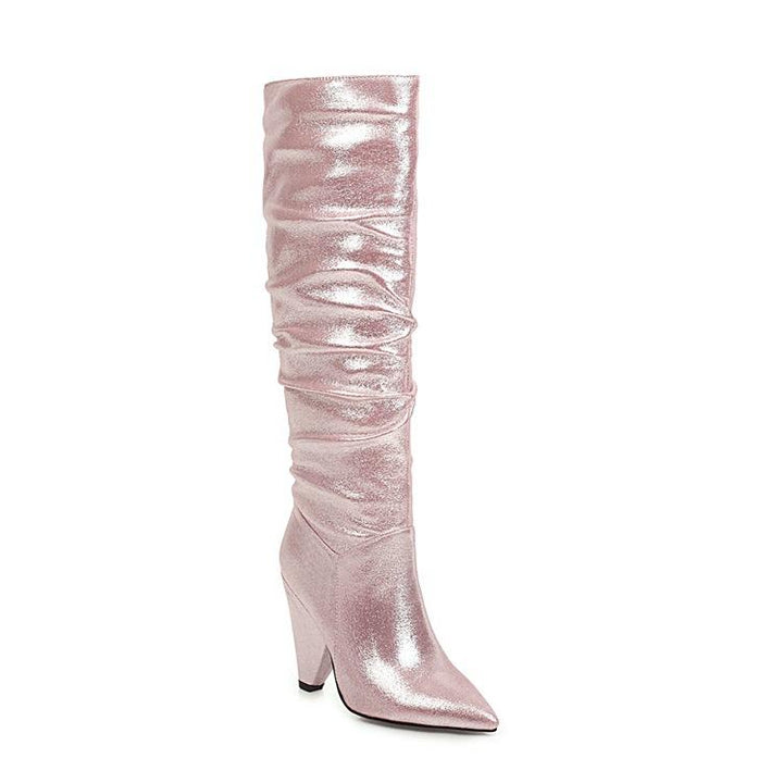 Women fashion pointed toe chunky heel slouch knee high boots