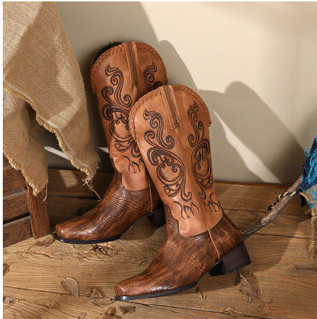 Size 14 retro embroidery block heels under the knee cowboy boot