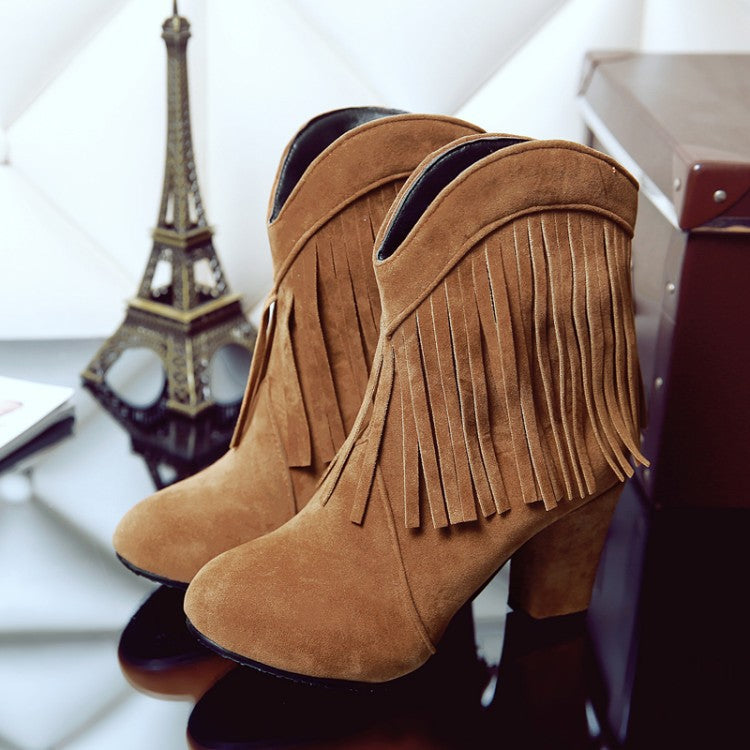 Size 13 faux suede tassels chunky high heels booties