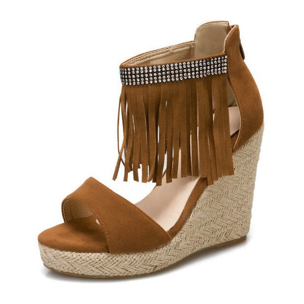 Size 12 espadrille platform wedge sandals with ankle tassels 4 inch heels