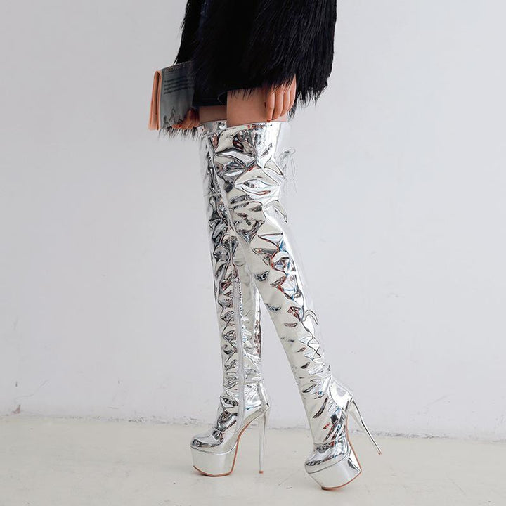 Size 13 metallic silver stiletto thigh high boots for nightclub party pole dancing