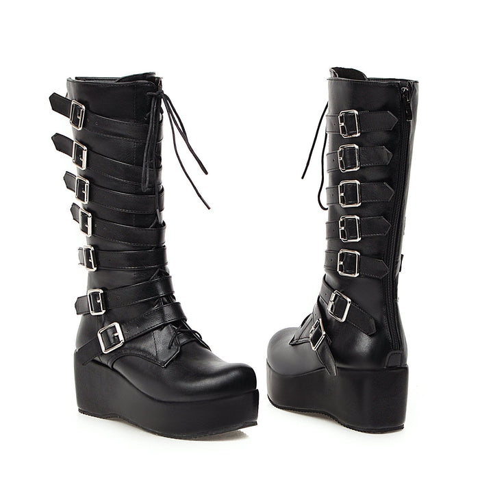 Size 12 Black punk chunky platform boots with multi buckle straps