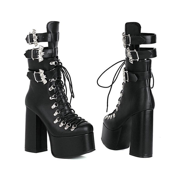 Size 12 black punk chunky platform combat boots with bat buckles