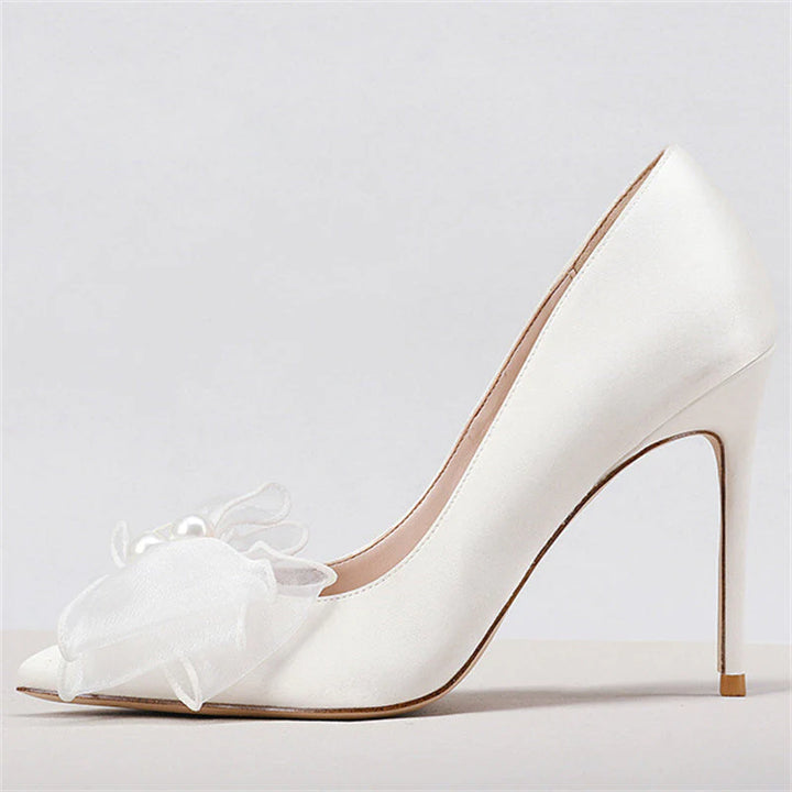 Size 12 white satin bridal stiletto pumps with bow