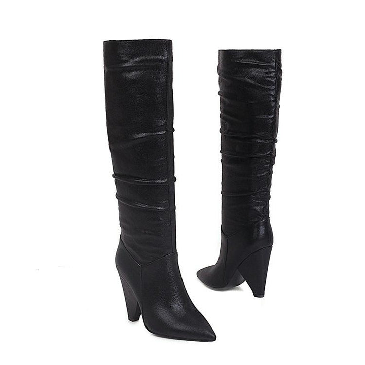 Women fashion pointed toe chunky heel slouch knee high boots