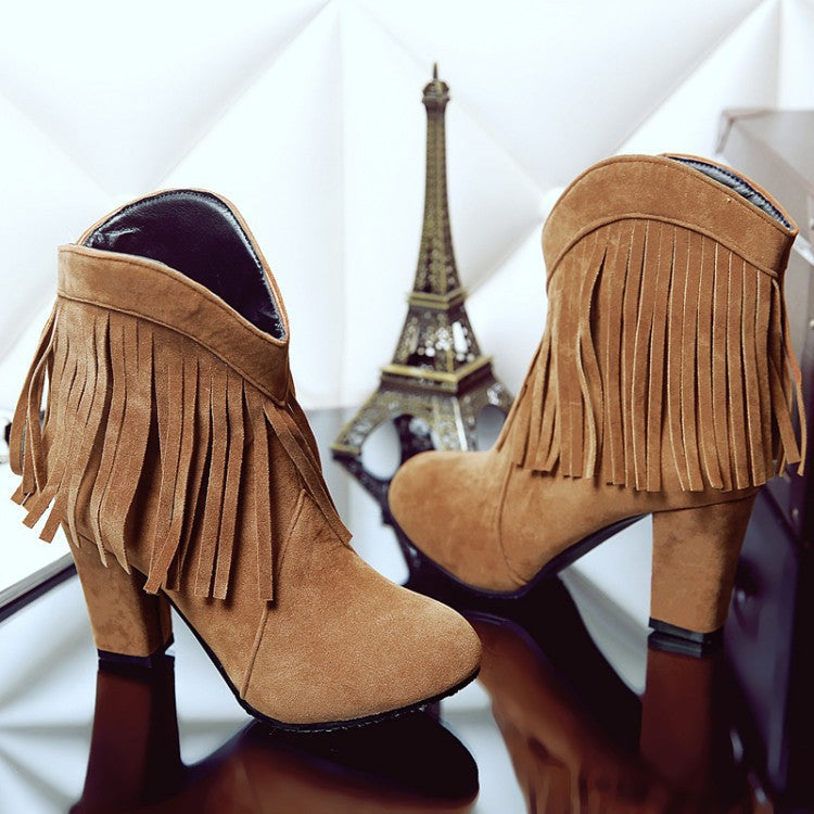 Size 13 faux suede tassels chunky high heels booties