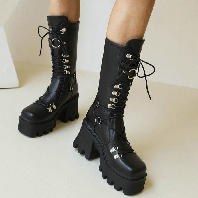 Size 11 Black punk chunky platform lace-up mid calf boots